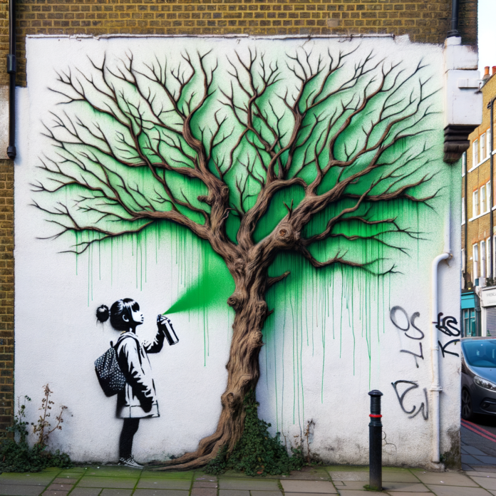 un albero con i rami potati e spogli e a simulare le foglie il verde spruzzato sulla parete bianca di una palazzina distante pochi metri. È la nuova opera da attribuire a Banksy, comparsa ieri a Hornsey Road, Finsbury Park, nella zona nord di Londra.Alla base della parete del palazzo l'artista ha lasciato lo stencil di una ragazza con uno spruzzatore a pressione che guarda verso l' alto l' albero come per rendersi conto dell' effetto.